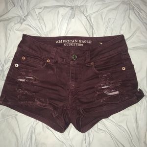 Maroon denim ripped short shorts American eagle